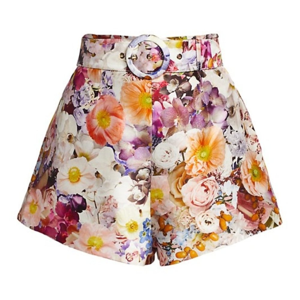 Zimmermann Prima Belted Floral High-Waisted Shorts